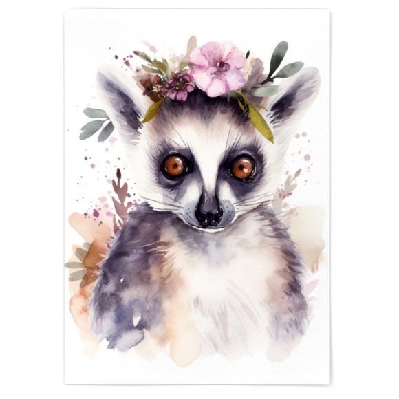 Watercolor Floral Lemur Portrait Wall Art Illustration Print Poster Unframed - Picture 3 of 5